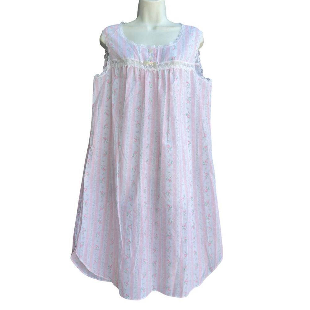 VTG Character Floral Sleeveless Nightgown Women's L Pink Lace Trims Cottagecore